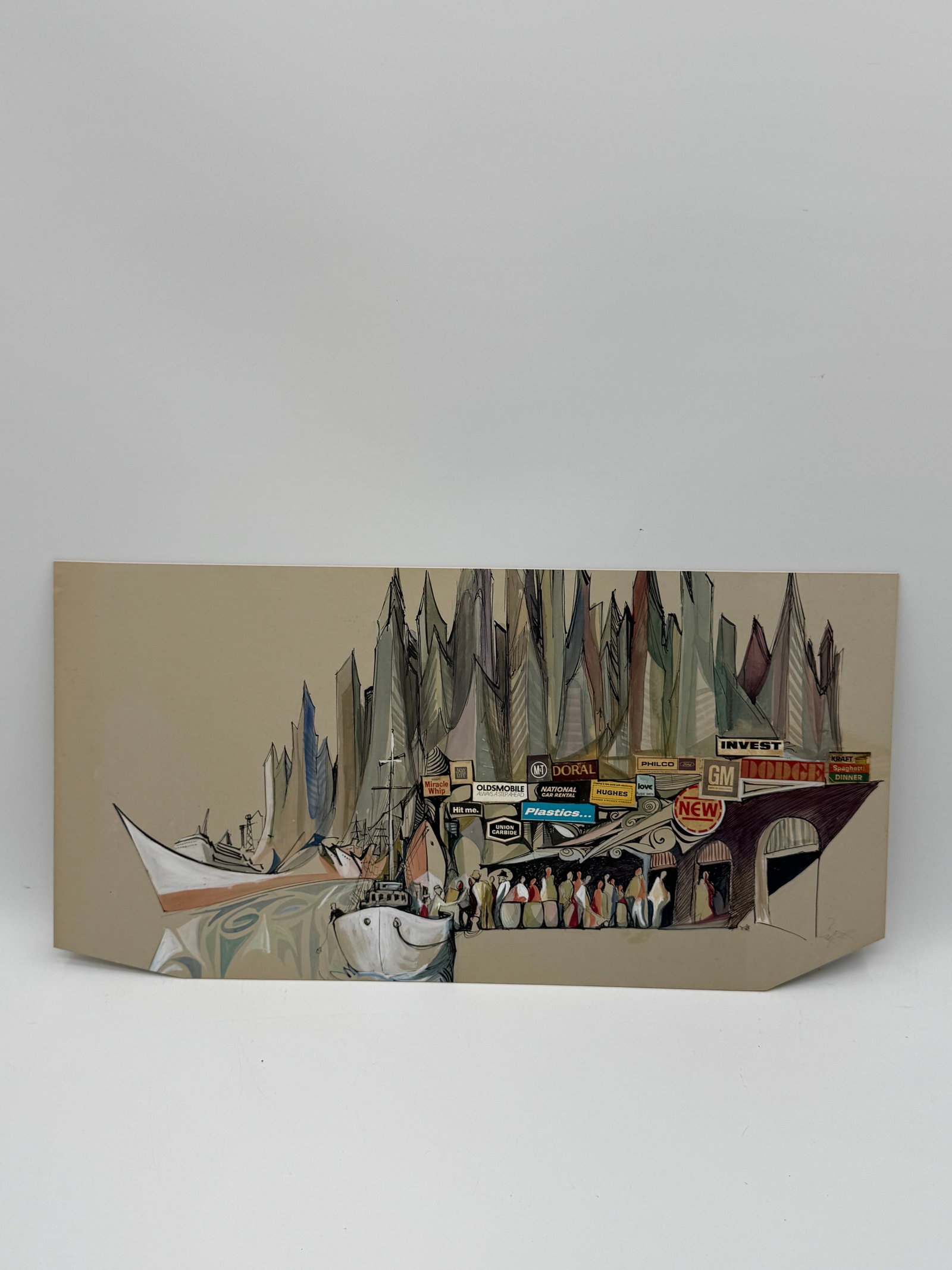 Coastal Town by Papas: art depicting a coastal town scene with boats, buildings, and figures. Dimensions: 28 x 15 inches.