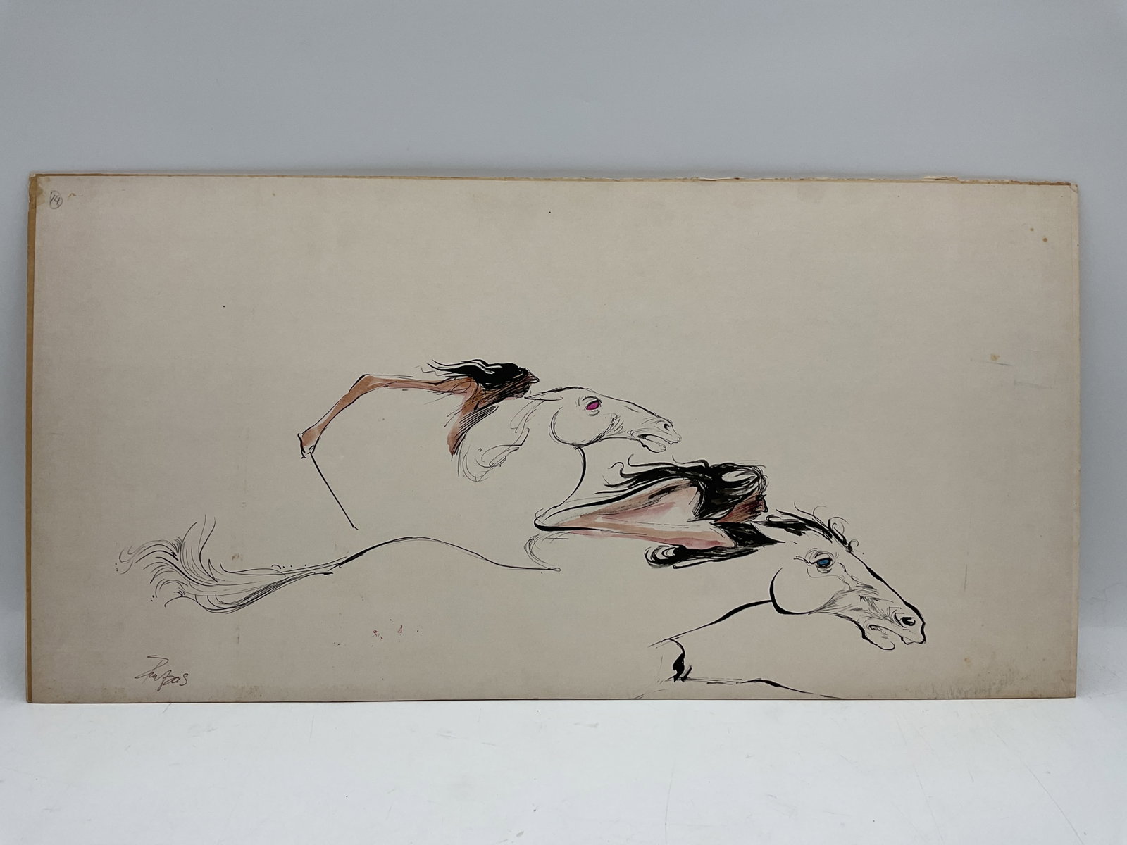 Drawing by Papas: Drawing depicting two Native Americans on horseback. Dimensions: H15in L30in