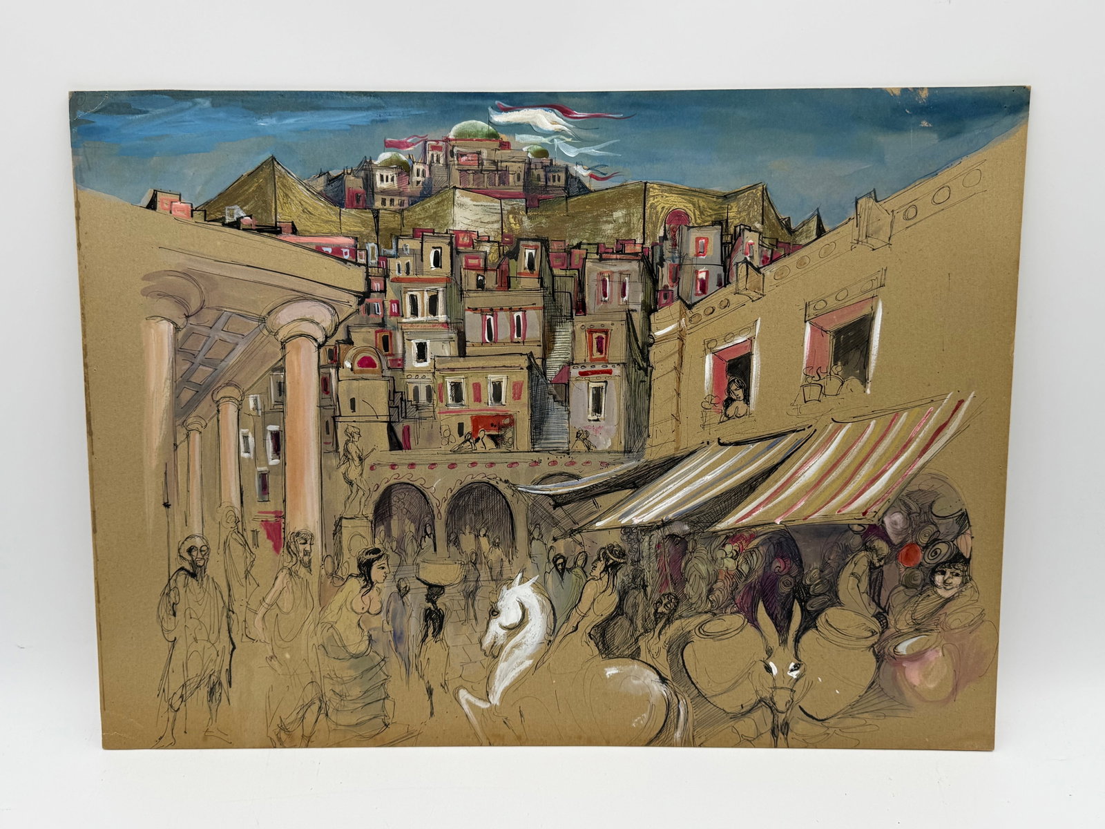 Cityscape Print, 26 x 19 inches: Cityscape print featuring a bustling market scene with figures, animals, and architecture. The artwork is executed on board and measures 26 x 19 inches. The style suggests a Middle Eastern or North Af