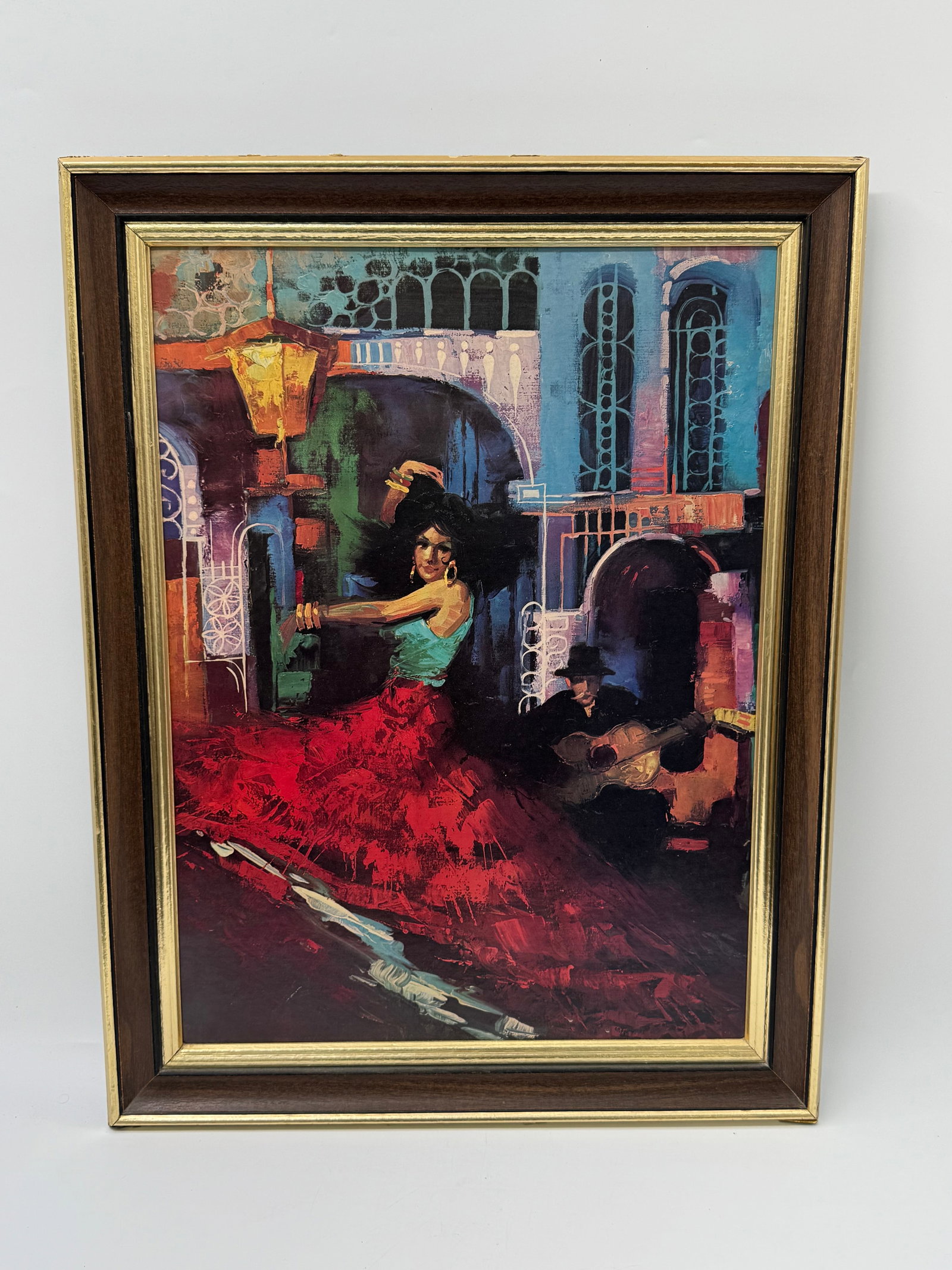 Abstract Expressionist Painting, Framed: Abstract expressionist painting featuring a figure in a dynamic composition with bold colors. Framed. Dimensions: 27 x 21 inches.