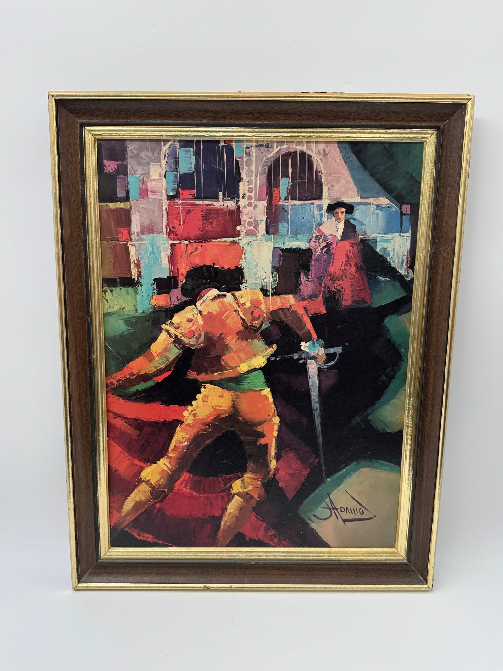 Abstract Harlequin Oil Painting: An abstract oil painting depicting a harlequin figure. Signed in the upper right corner. Framed. Dimensions: 27 x 21 inches.