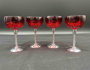 Set of 4 Ruby Red Cut Glass Goblets with Chrome Spiral Stems