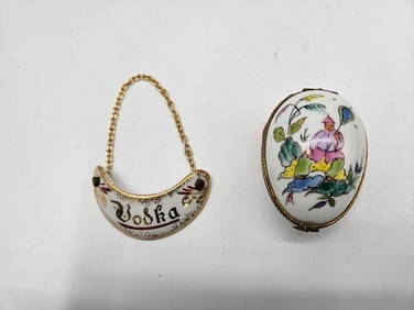 Limoges Hand-Painted Porcelain Trinket Box and “Vodka?? Decanter Tag
