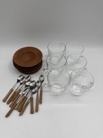 Mid-Century Modern Glass Tea Cups with Wooden Saucers and Utensils Set