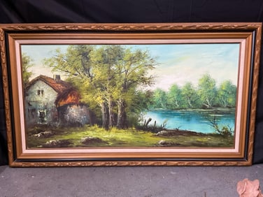 Cabin and lake landscape painting by Heller