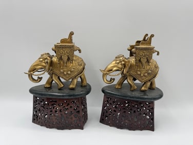 Pair of Decorative Bronze Elephant Sculptures on Wood Stands
