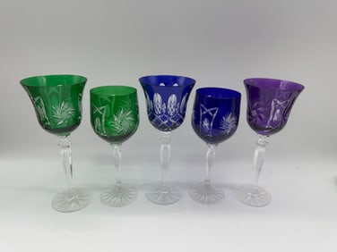 Set of Five Moser Style Cut Crystal Wine Glasses