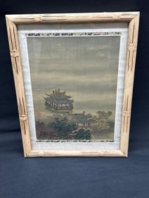 Traditional Chinese Temple Landscape Ink and Watercolor on Silk