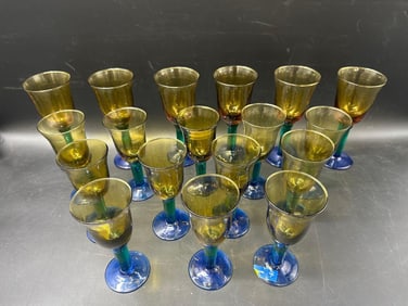 Set of Mid-Century Style Colored Art Glass Goblets (18)