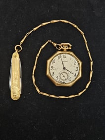 14K Gold Pocket Watch with Chain and 10K Gold Knife Fob