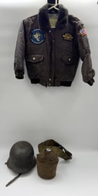 RARE German M35 Helmet, Canteen, and Flight Jacket