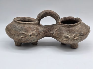 Double Chambered Pottery Vessel with Handle