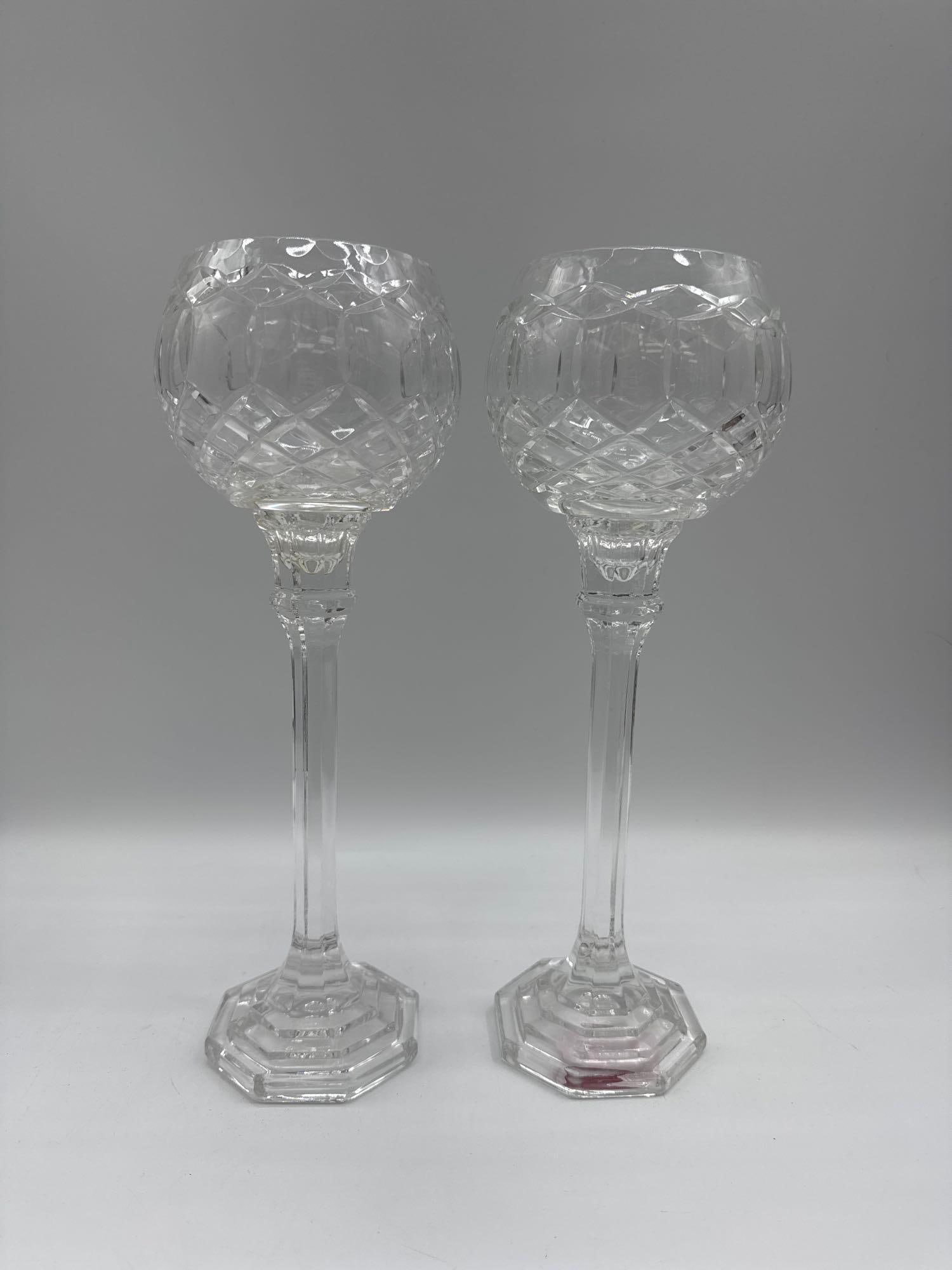 Pair of Cut Crystal Glass Pieces: Elegant pair of hand-cut crystal wine or cordial glasses featuring a lattice-cut bowl, faceted stem, and octagonal base. Fine craftsmanship with excellent clarity and sparkle. Likely European, mid-to-