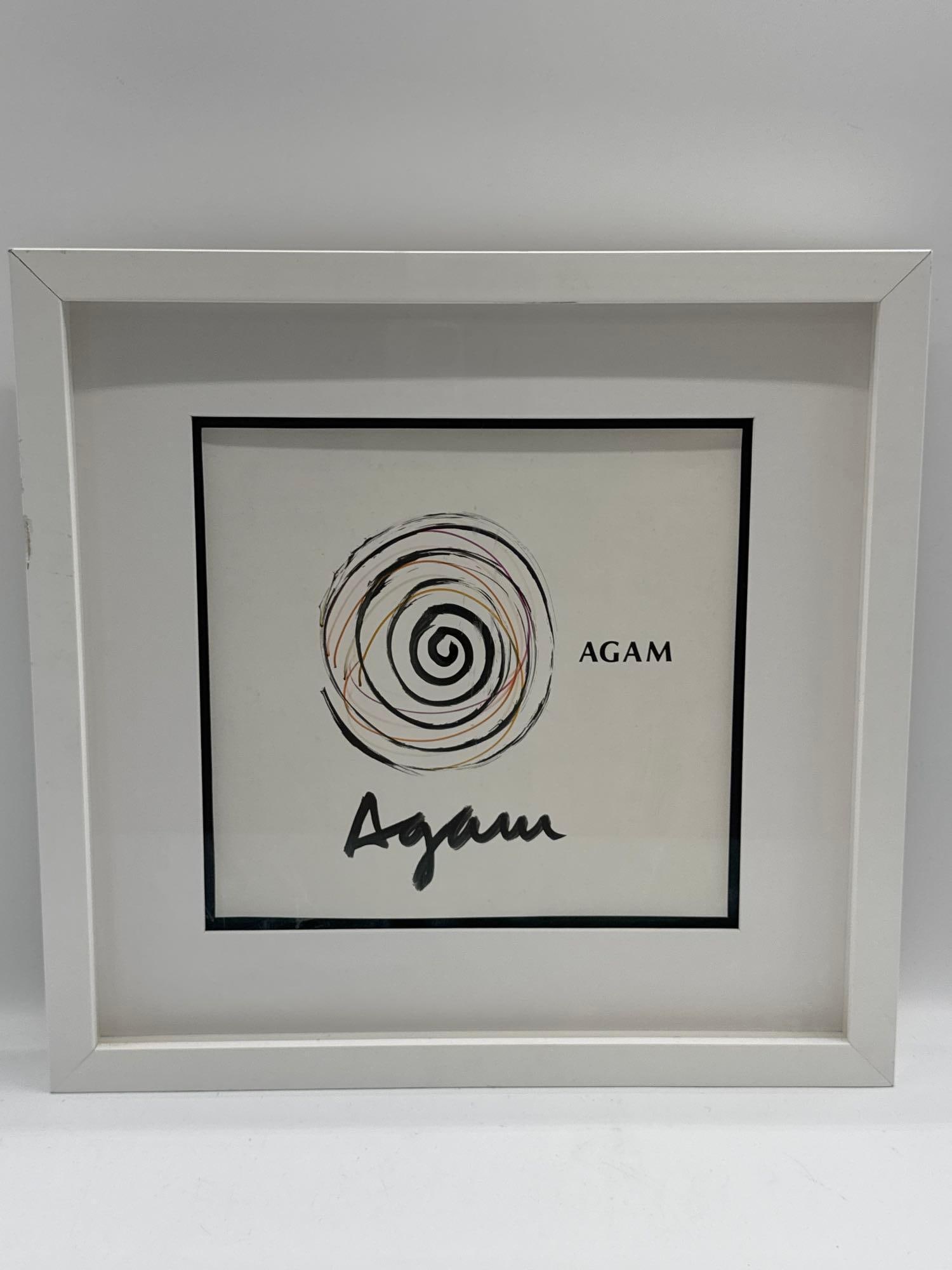 Yaacov Agam (Israel, b.1928) Mixed Media: Description: A framed print featuring a multicolor spiral design by Israeli artist Yaacov Agam. The work includes the artist's name both in print and signature style, indicative of his kinetic and