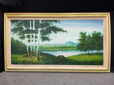 Lakeside Landscape with Birch Trees, Oil on Canvas