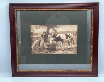 Antique Sepia Print of Farm Scene with Cows and Shepherdess