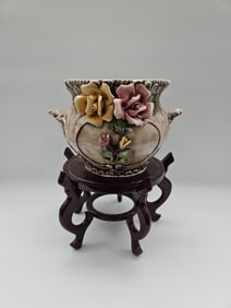Italian Ceramic Floral Vase with Wood Stand