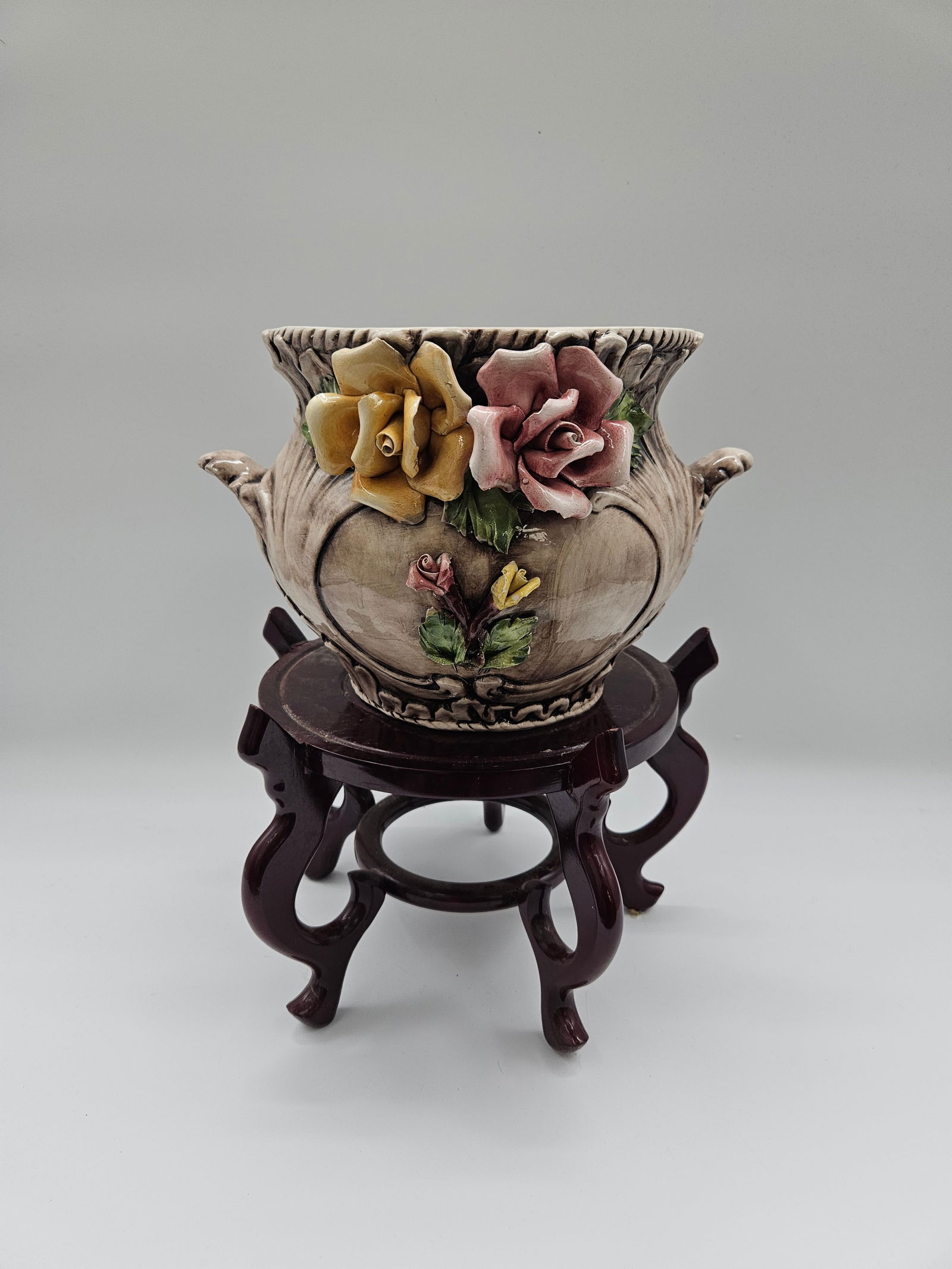 Italian Ceramic Floral Vase with Wood Stand (1 of 9)