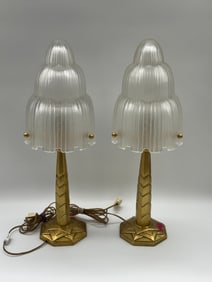 Pair of Vintage Art Deco Brass Sabino French Table Lamps with Tiered Frosted Glass Shades