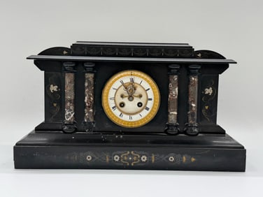 Victorian Black Mantel Clock with Marble Columns