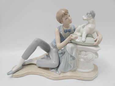 Lladro Figurine: Boy with Dog on Column