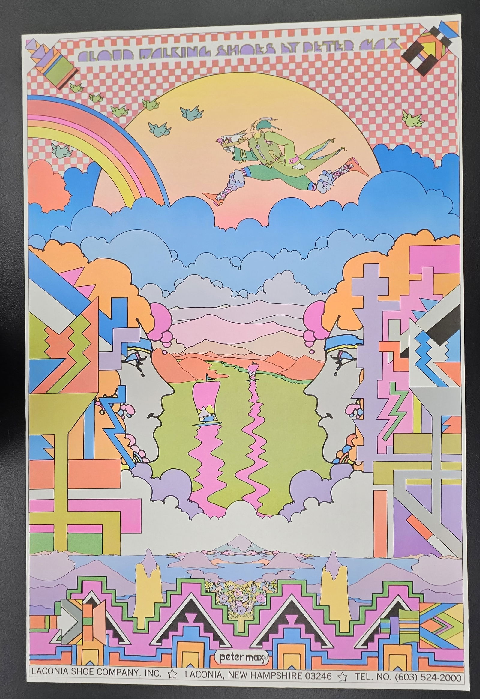"Cloud Walking Shoes" by Peter Max Poster: Title: Cloud Walking Shoes - Laconia Shoe Company Artist: Peter Max Year: 1969 Medium: Original split fountain technique lithograph, h