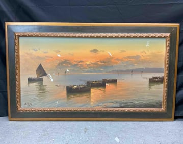 Seascape Sunset with Boats by Bardi. small tear some paint missing