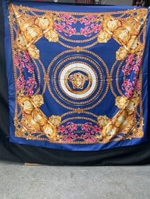 Versace Navy Blue Silk Scarf with Gold Accents