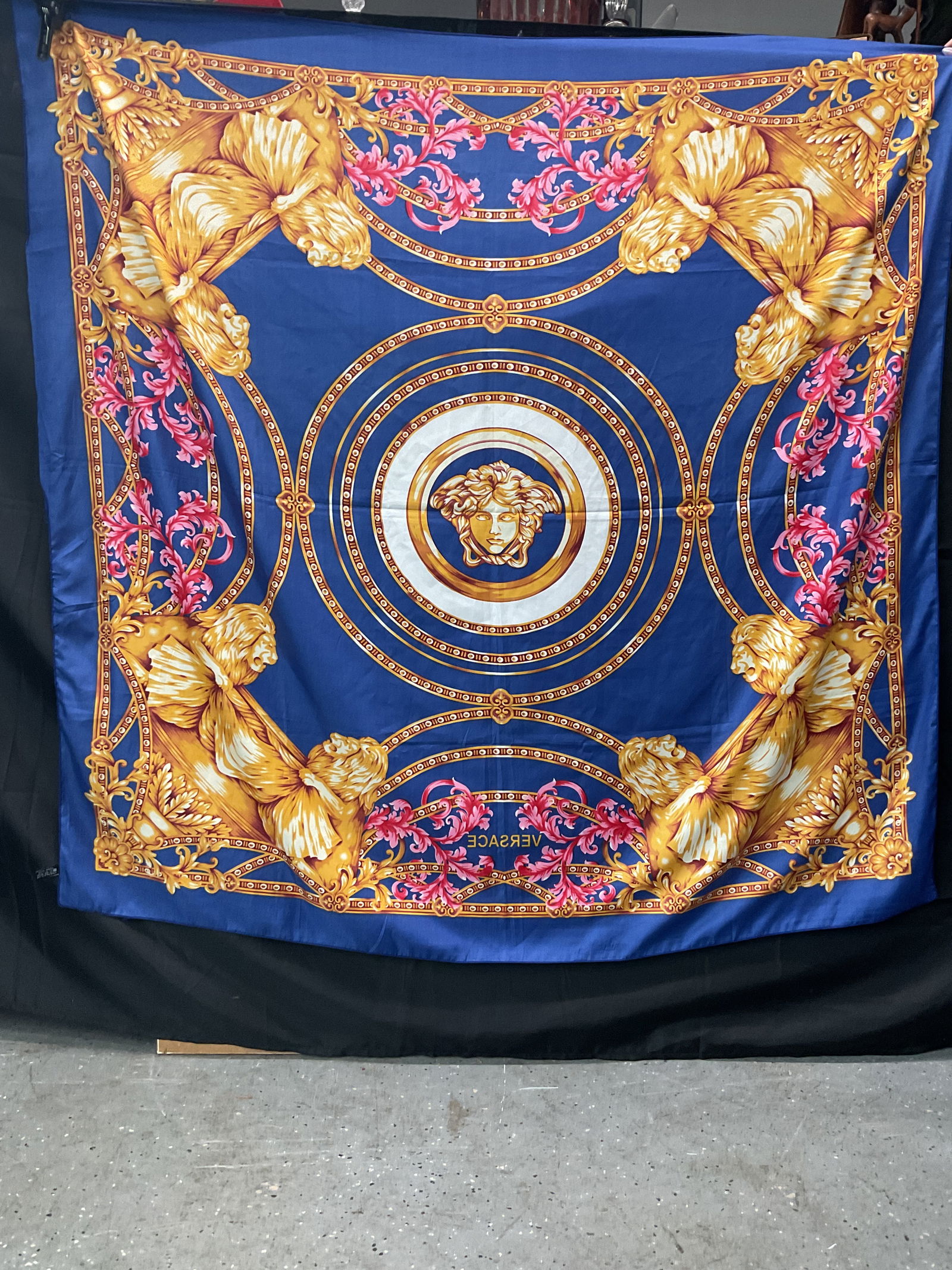 Versace Navy Blue Silk Scarf with Gold Accents (1 of 4)