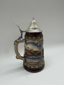 Lidded Souvenir Beer Stein with Scenic Building View, Relief Decor