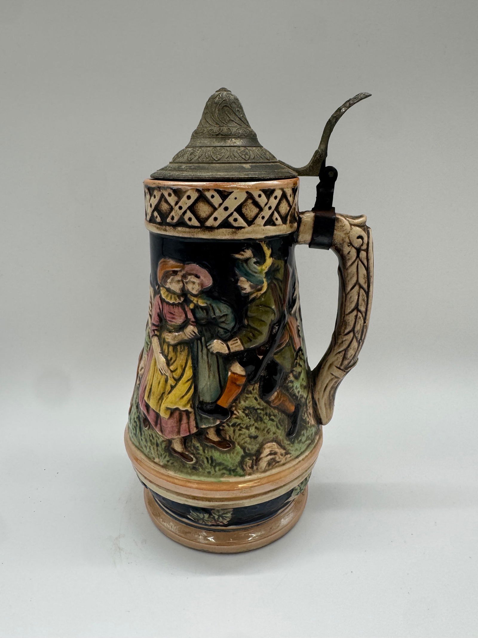 Vintage German Lidded Beer Stein with Courting Couple & Stag, Relief Decor (1 of 5)