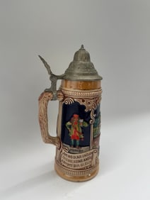 Vintage German Lidded Beer Stein with German Toast Verse & Figures, Relief Decor
