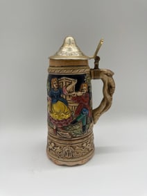 Vintage Lidded Beer Stein with Dancing Couple & Tavern Scene, Relief Decor