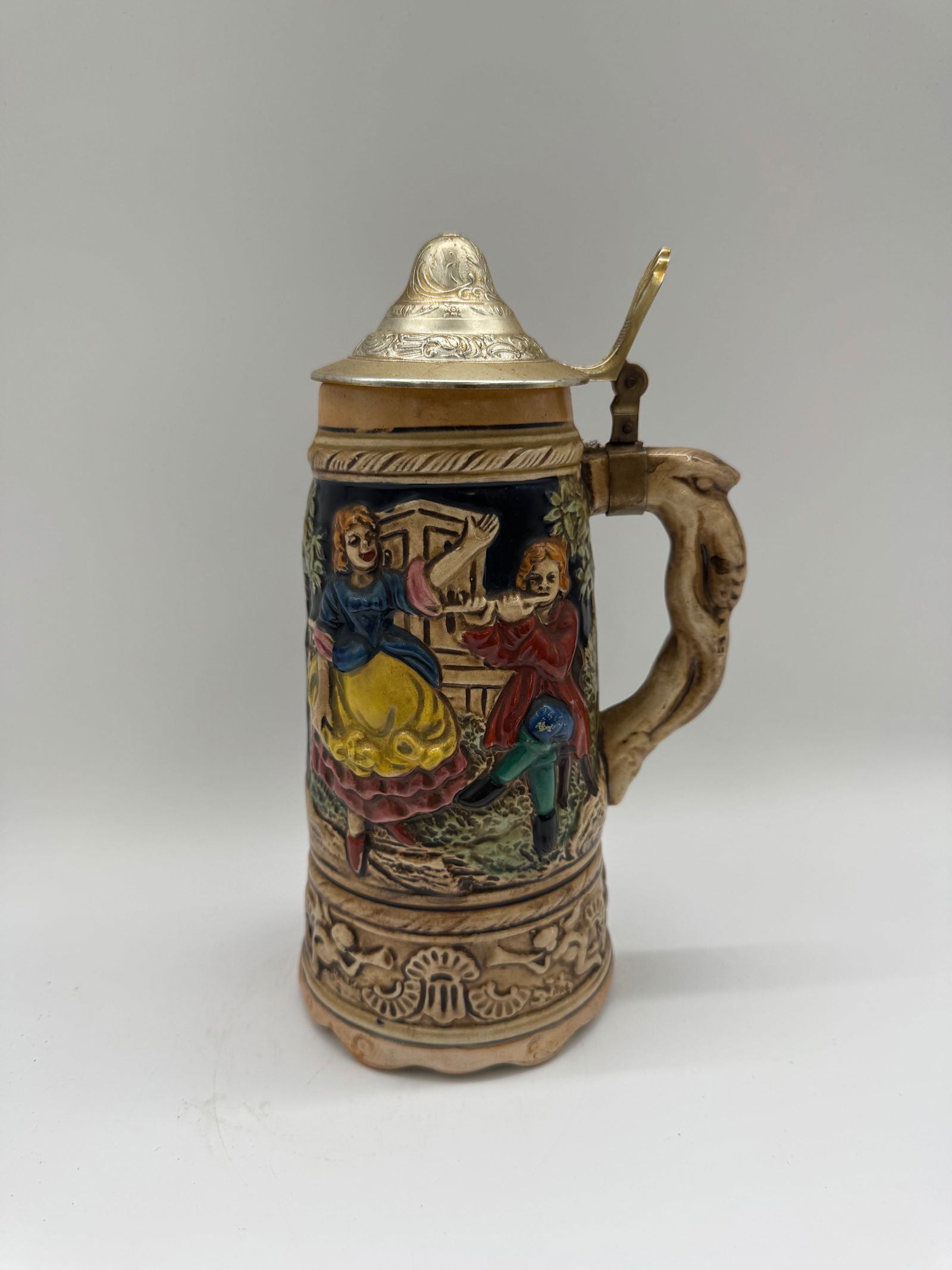 Vintage Lidded Beer Stein with Dancing Couple & Tavern Scene, Relief Decor (1 of 4)