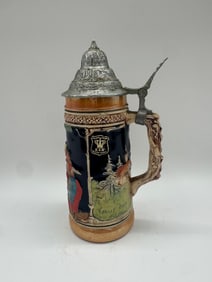 Vintage German Lidded Beer Stein with Crest & Alpine Scene, Relief Decor