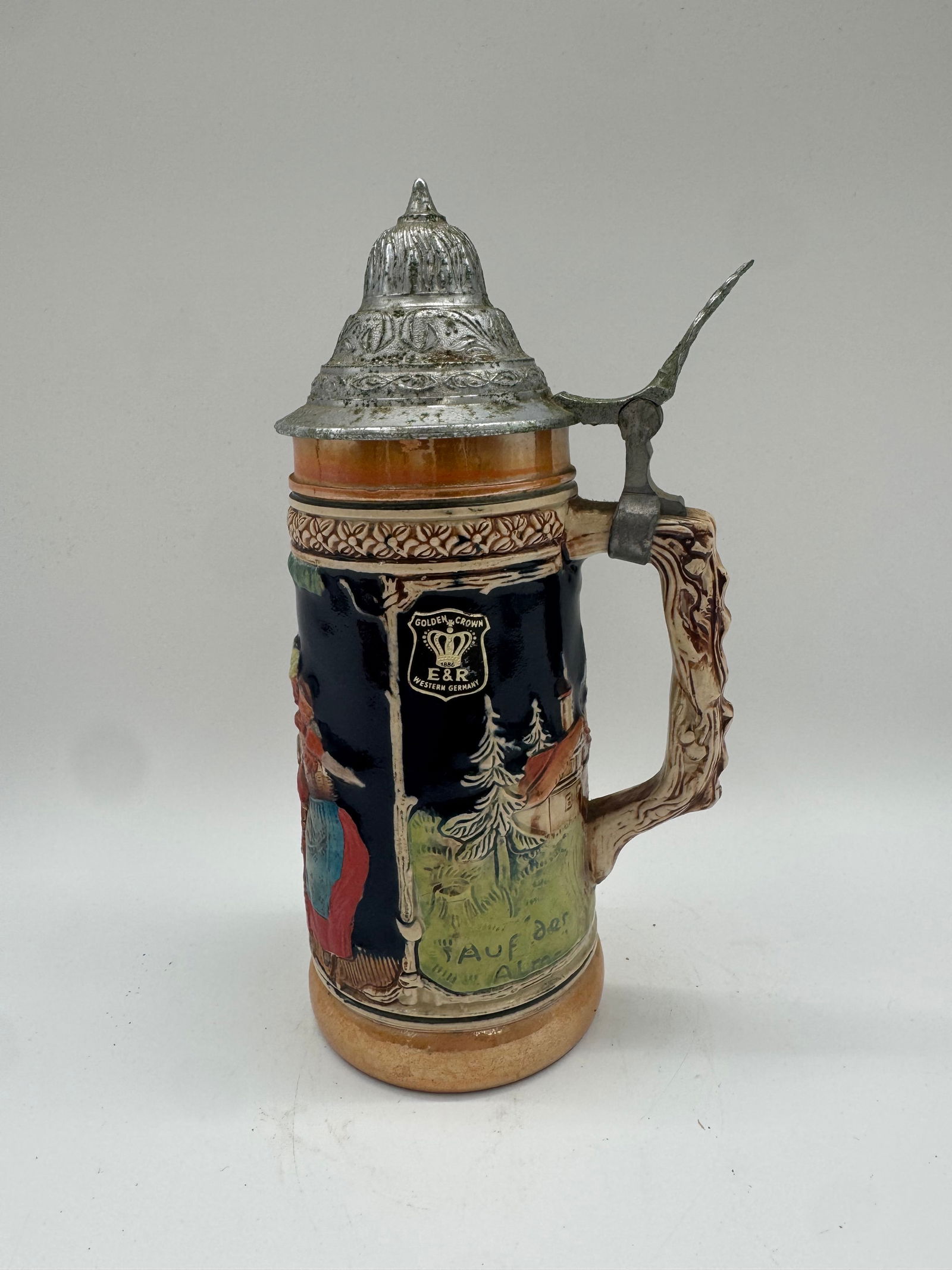 Vintage German Lidded Beer Stein with Crest & Alpine Scene, Relief Decor (1 of 5)