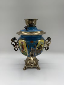 Russian-Style Samovar Vodka/Tea Server, Blue Enamel with Figural Scenes