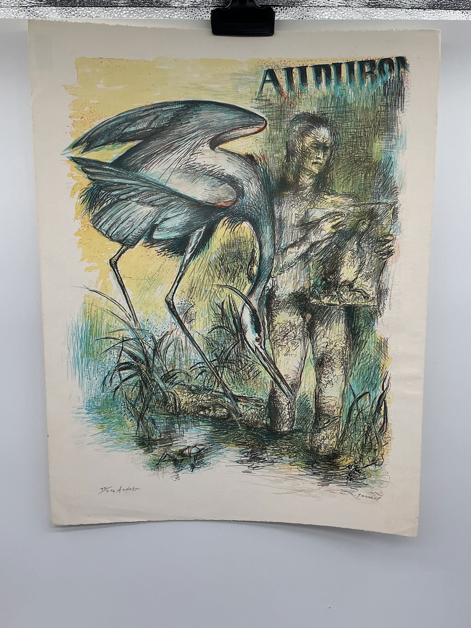 Yazoo Audubon Mixed Media on Paper: Yazoo Audubon, mixed media on paper, depicting a heron and a reclining figure. Signed lower right. Unframed.