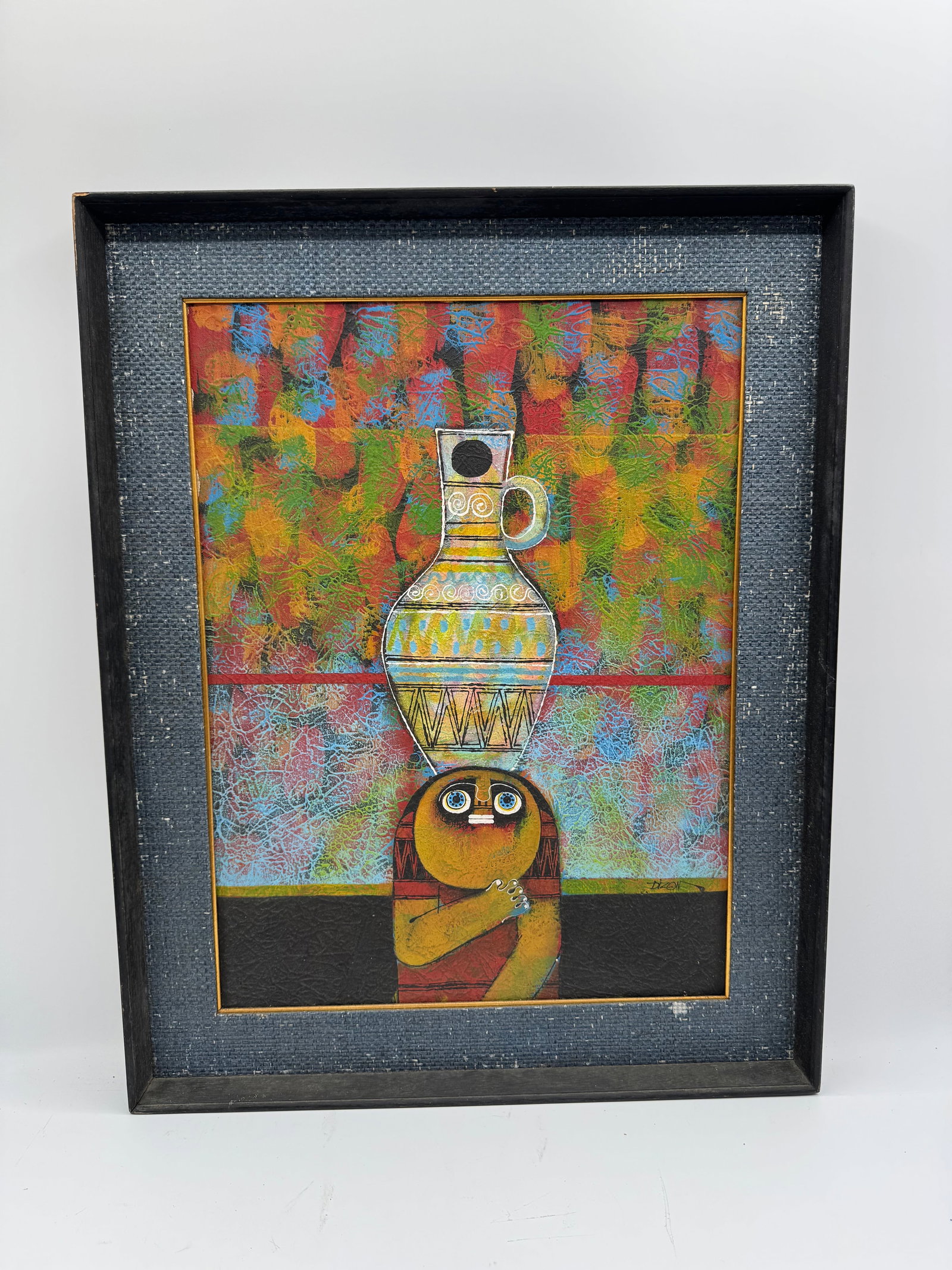 Abstract Still Life Painting: Abstract painting featuring a still life composition with a vase-like object and a figure. Signed lower right. Framed. Dimensions: 24 x 30 inches.