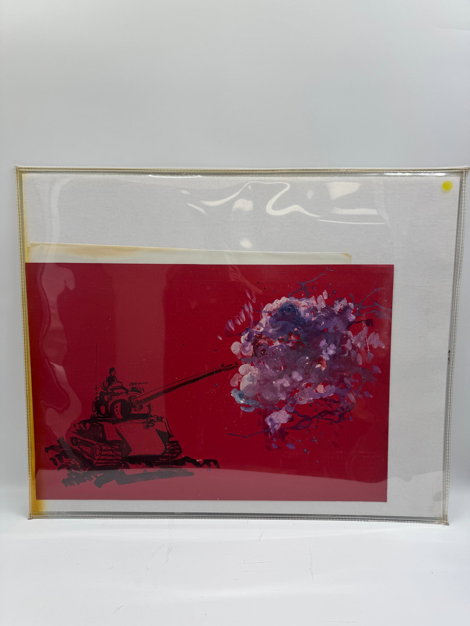 Tank Flower Power: Mixed media on paper depicting a tank firing a flower. Image size: 27.5 x 18.5 inches.Bold imagery with a message.