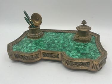 Malachite and Bronze Desk Set with Pens