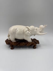 Vintage Ceramic Elephant on Wood Stand, 10.5 in