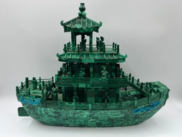 Large Malachite Carved Chinese Treasure Ship