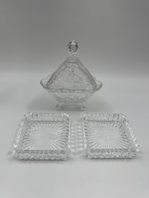 Pressed Glass Butter Dish with Two Square Dishes