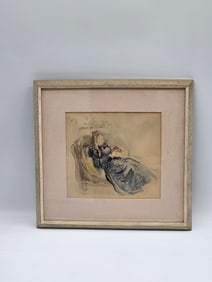 Watercolor of Woman Reading in Chair, Framed