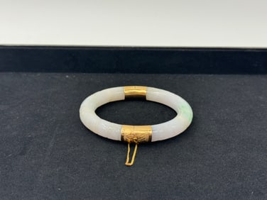 Vintage Jade Bangle Bracelet with Gold-Filled Accents & Safety Chain