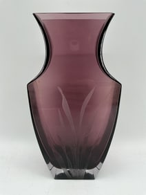 Amethyst Art Glass Vase with Etched Floral Design