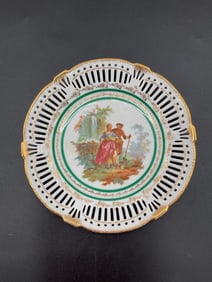 Decorative Reticulated Porcelain Plate with Romantic Scene and Gilt Trim - E.R.P. & Co.
