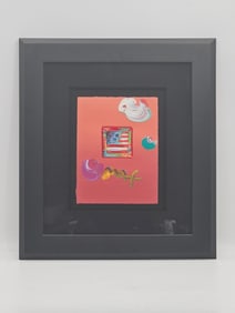 "Flag with Heart" by Peter Max (German/American, b.1937) Mixed Media