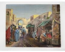 Oriental Market Scene by Ernesto Farro: Description: This painting by artist Ernesto Fierro portrays a bustling Middle Eastern or North African market scene set within an ancient walled city. The composition features robed figures, merchant